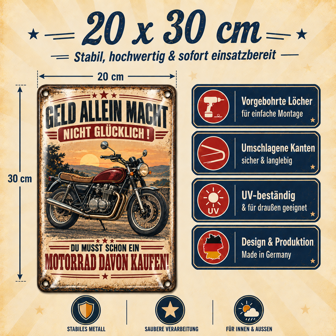 Motorrad Metallschild – Geld allein macht nicht glücklich von Leotie – Maße und Produkteigenschaften, 20 × 30 cm