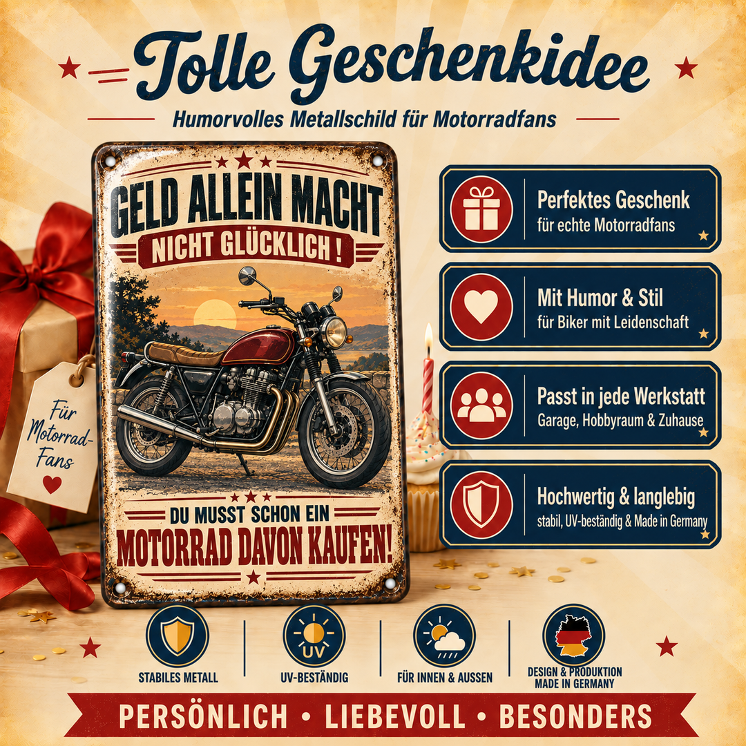 Motorrad Metallschild – Geld allein macht nicht glücklich von Leotie – Geschenkidee, 20 × 30 cm
