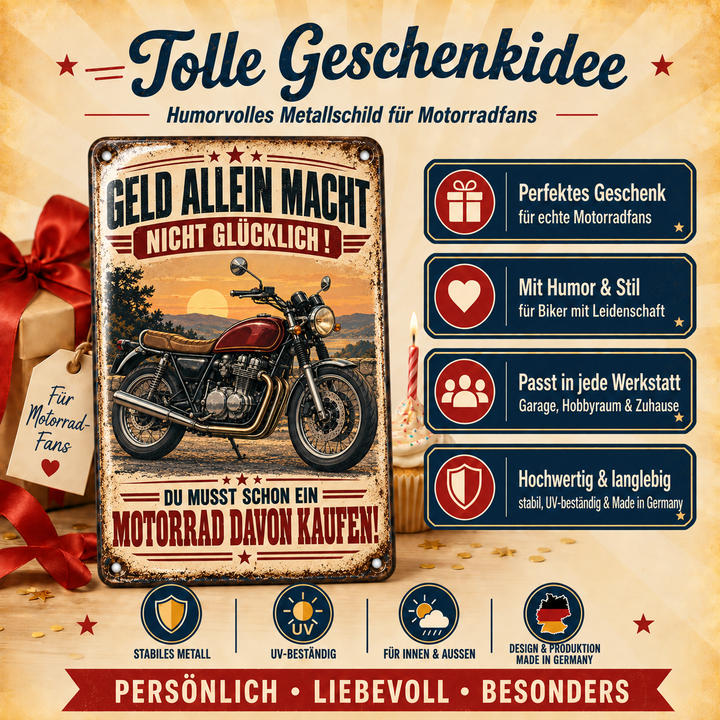 Motorrad Metallschild – Geld allein macht nicht glücklich von Leotie – Geschenkidee, 20 × 30 cm