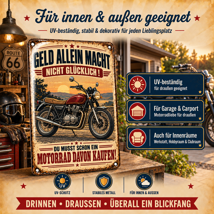 Motorrad Metallschild – Geld allein macht nicht glücklich von Leotie – Dekoration für innen und außen, 20 × 30 cm