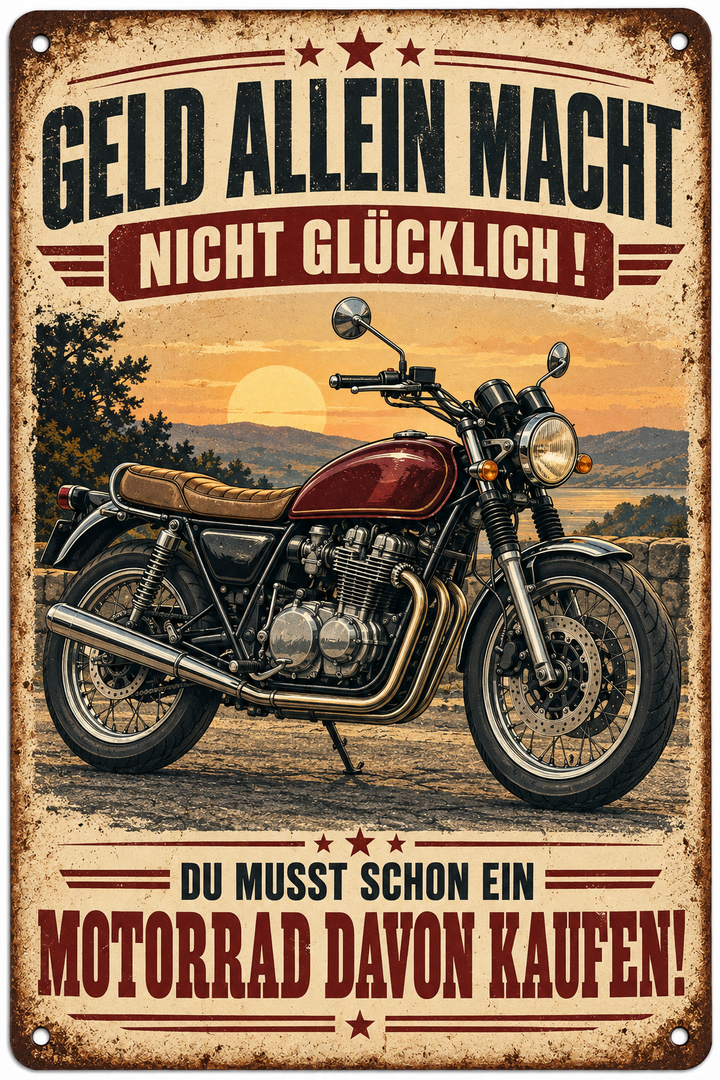 Motorrad Metallschild – Geld allein macht nicht glücklich von Leotie – Motivansicht, 20 × 30 cm