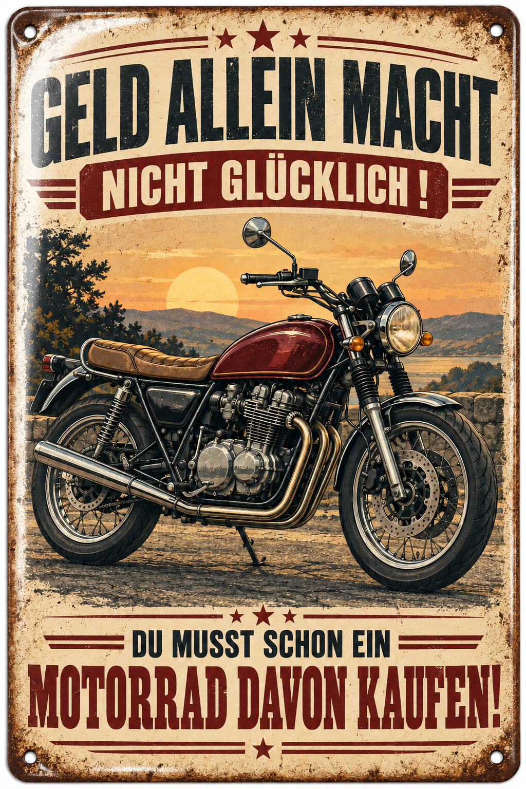 Motorrad Metallschild – Geld allein macht nicht glücklich von Leotie – Titelbild mit Schimmereffekt, 20 × 30 cm