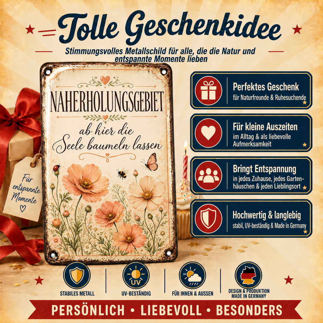 Naherholungsgebiet Metallschild – Seele baumeln lassen von Leotie – Geschenkidee, 20 × 30 cm