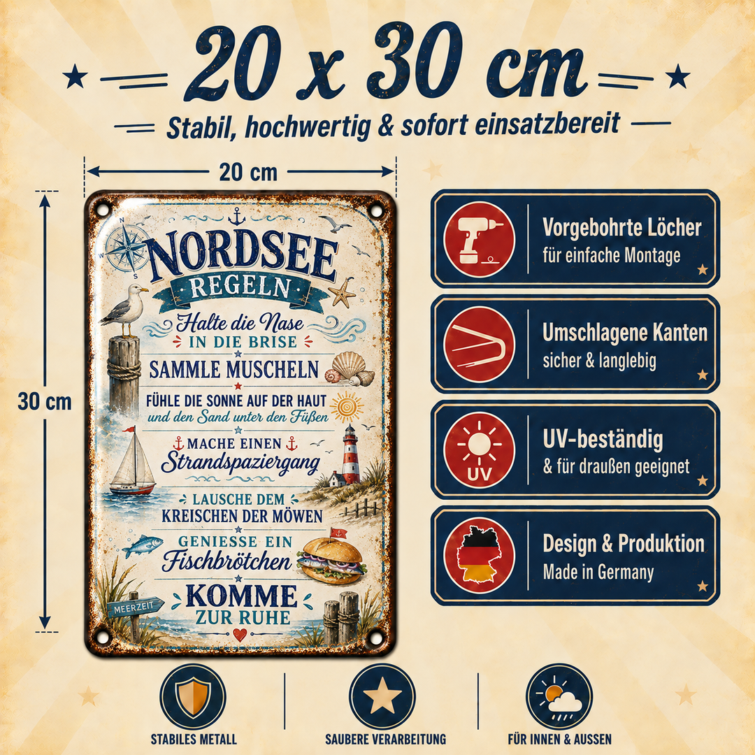 Nordsee-Regeln Metallschild – Maritime Auszeit von Leotie – Maße und Produkteigenschaften, 20 × 30 cm