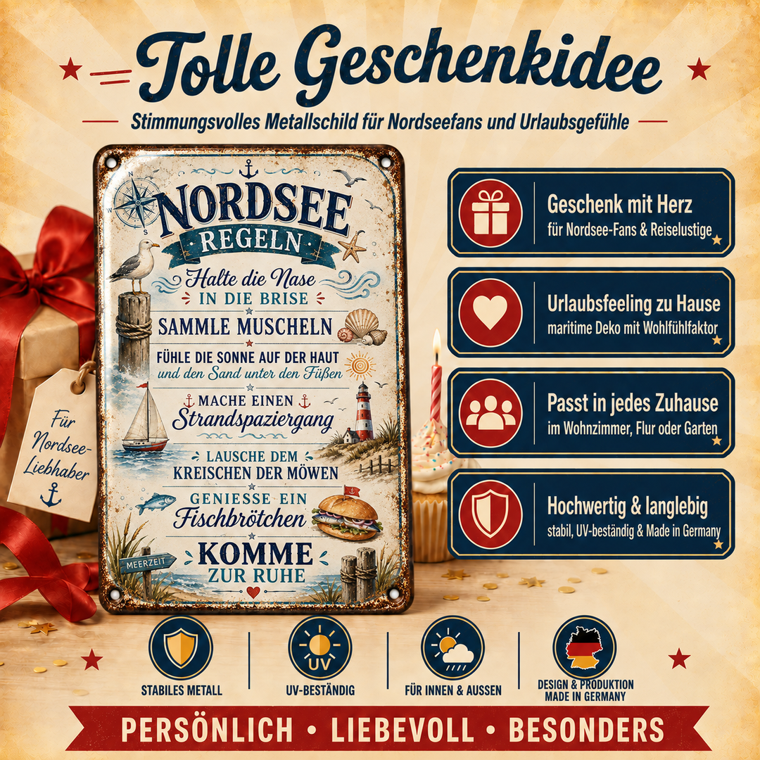 Nordsee-Regeln Metallschild – Maritime Auszeit von Leotie – Geschenkidee, 20 × 30 cm
