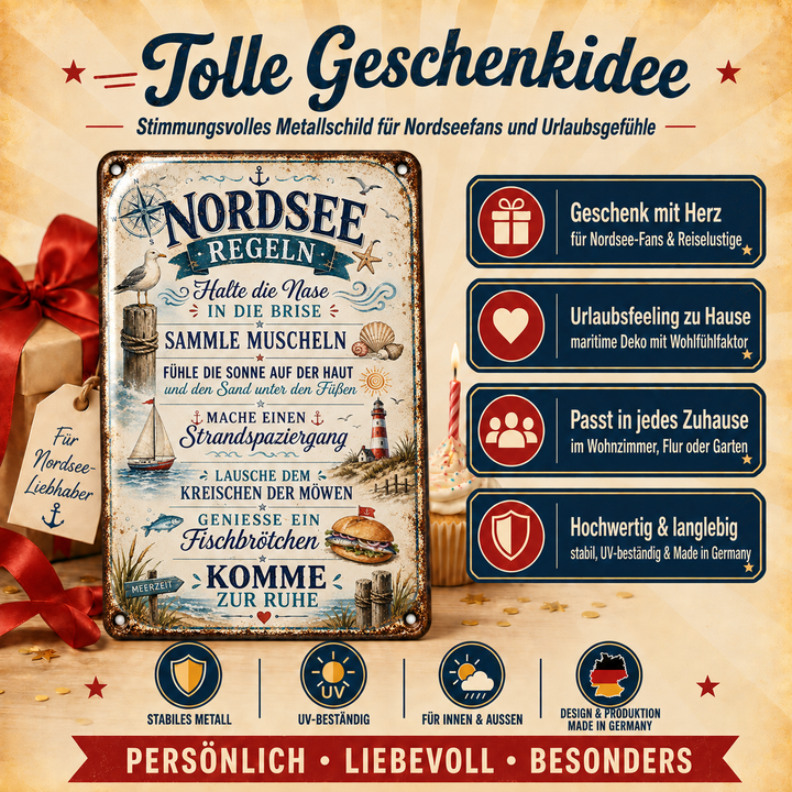 Nordsee-Regeln Metallschild – Maritime Auszeit von Leotie – Geschenkidee, 20 × 30 cm