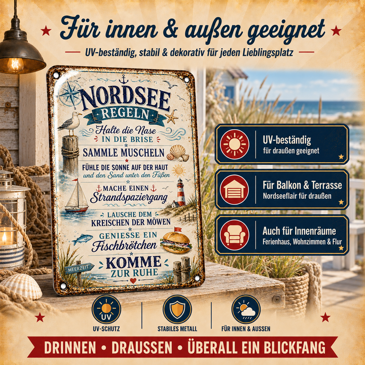 Nordsee-Regeln Metallschild – Maritime Auszeit von Leotie – Dekoration für innen und außen, 20 × 30 cm