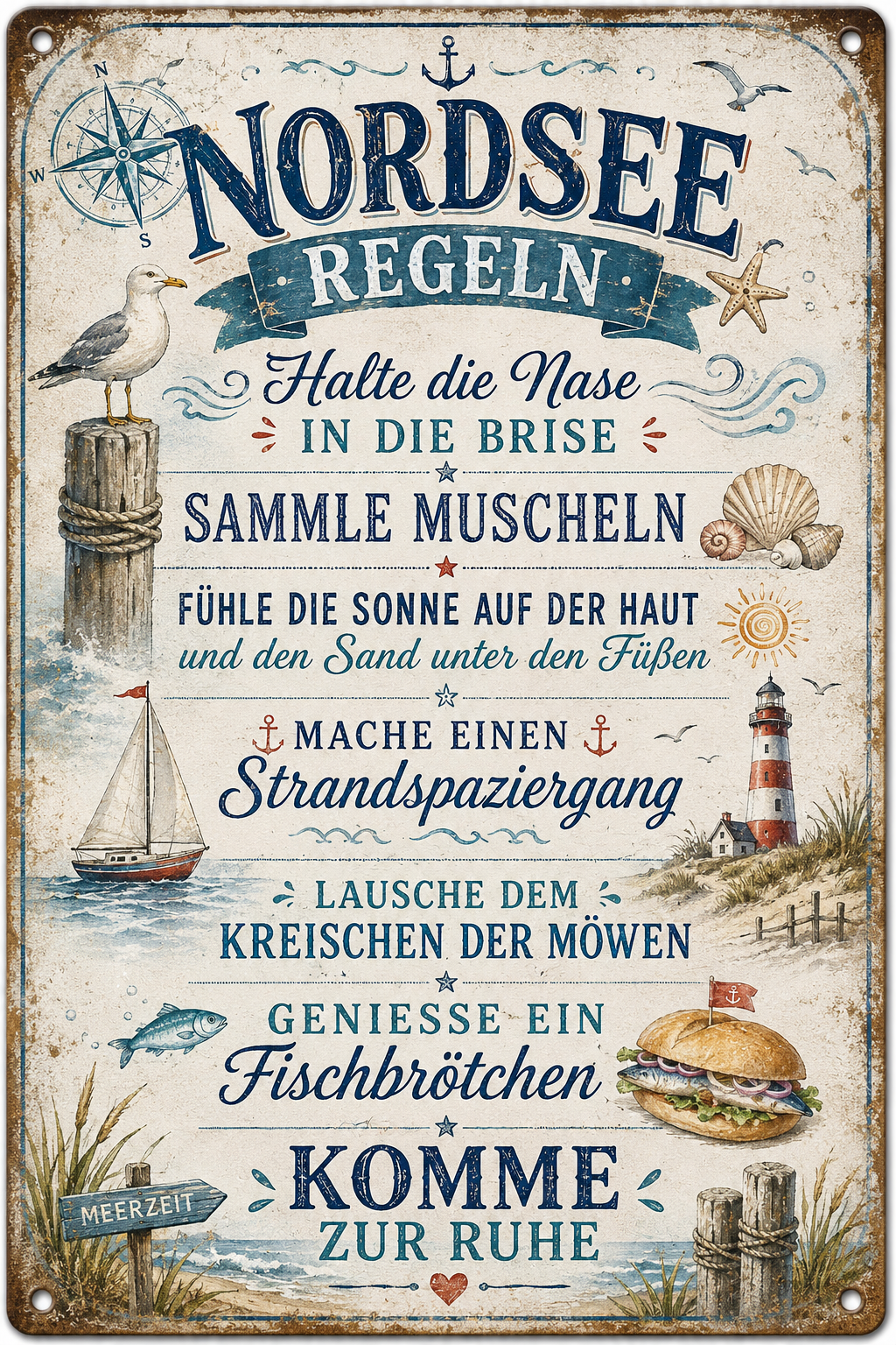 Nordsee-Regeln Metallschild – Maritime Auszeit von Leotie – Motivansicht, 20 × 30 cm