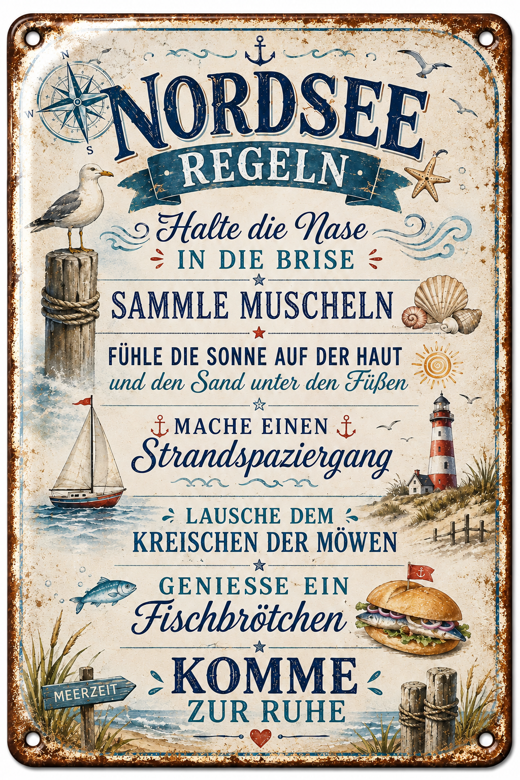 Nordsee-Regeln Metallschild – Maritime Auszeit von Leotie – Titelbild mit Schimmereffekt, 20 × 30 cm