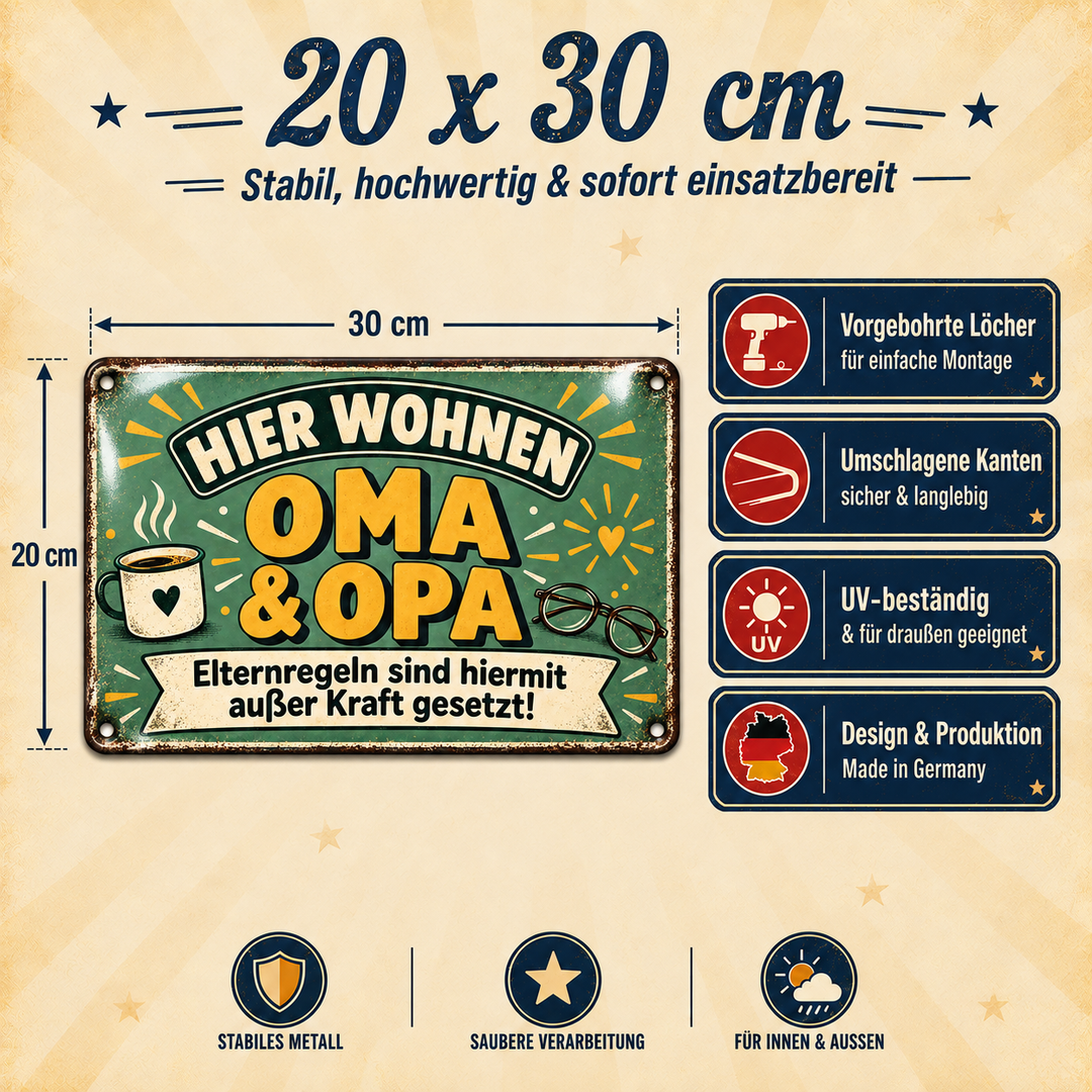 Oma und Opa Metallschild – Elternregeln außer Kraft von Leotie – Maße und Produkteigenschaften, 30 × 20 cm