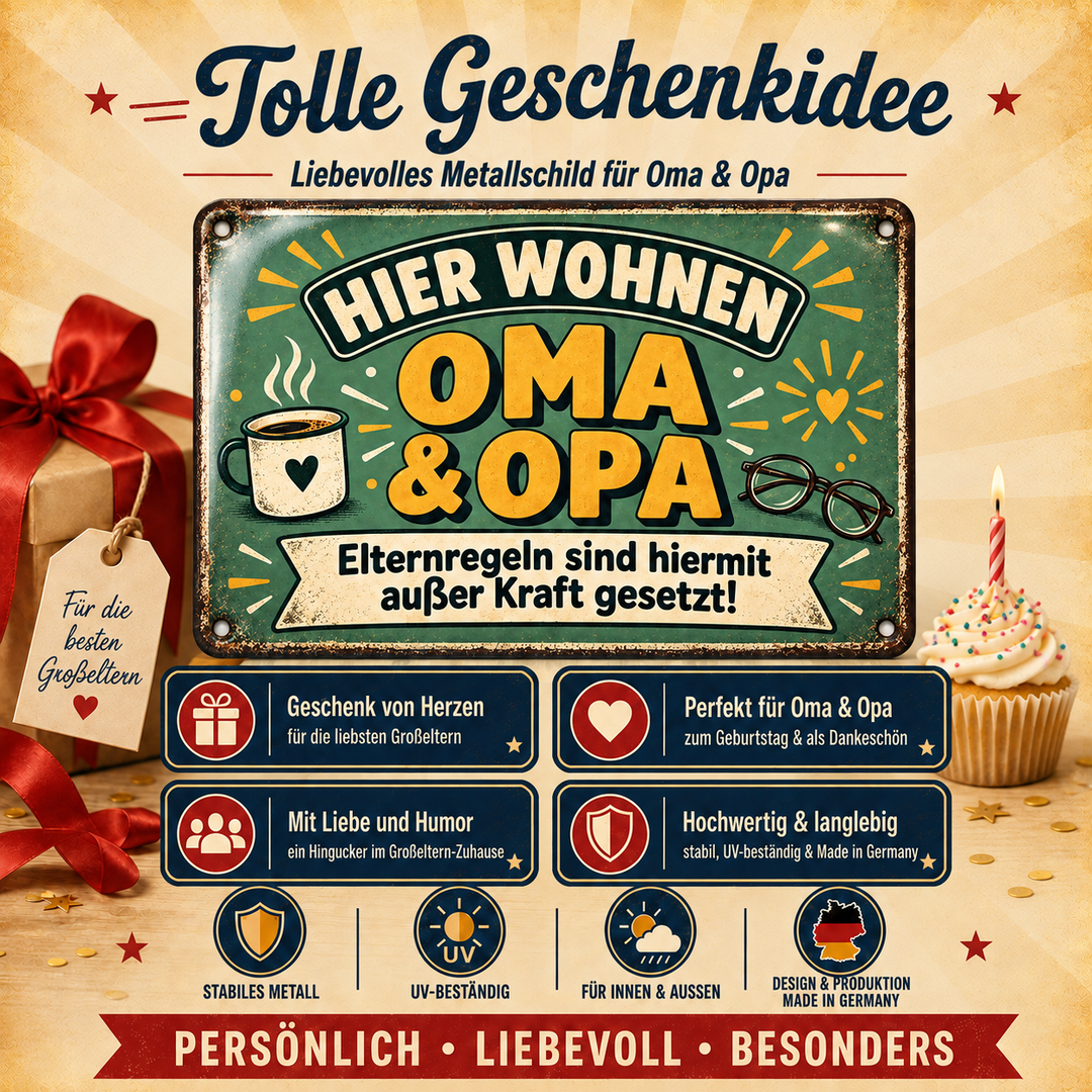 Oma und Opa Metallschild – Elternregeln außer Kraft von Leotie – Geschenkidee, 30 × 20 cm