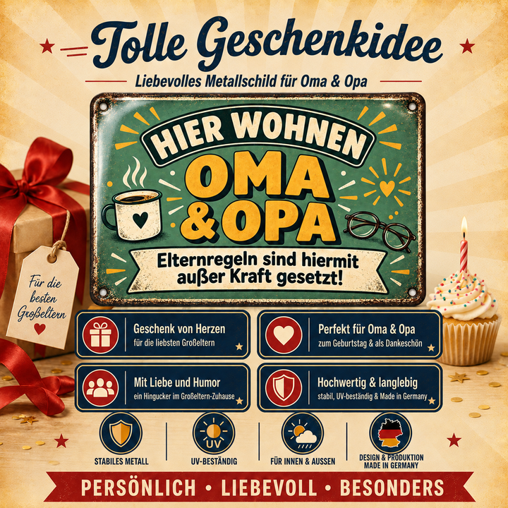 Oma und Opa Metallschild – Elternregeln außer Kraft von Leotie – Geschenkidee, 30 × 20 cm