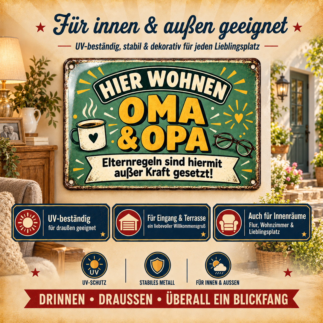 Oma und Opa Metallschild – Elternregeln außer Kraft von Leotie – Dekoration für innen und außen, 30 × 20 cm