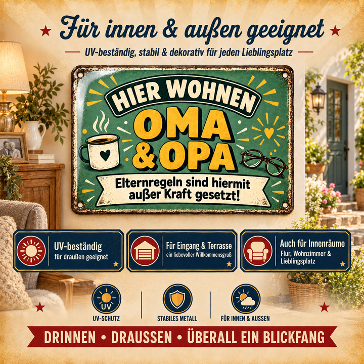 Oma und Opa Metallschild – Elternregeln außer Kraft von Leotie – Dekoration für innen und außen, 30 × 20 cm