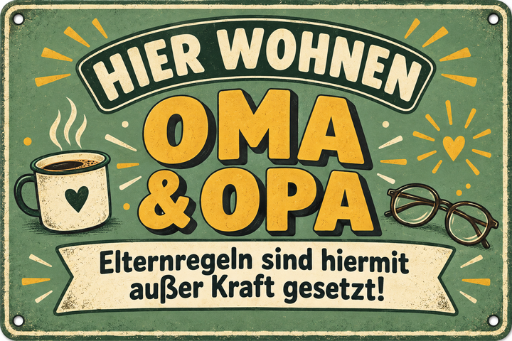Oma und Opa Metallschild – Elternregeln außer Kraft von Leotie – Motivansicht, 30 × 20 cm