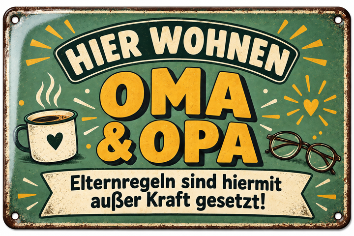 Oma und Opa Metallschild – Elternregeln außer Kraft von Leotie – Titelbild mit Schimmereffekt, 30 × 20 cm