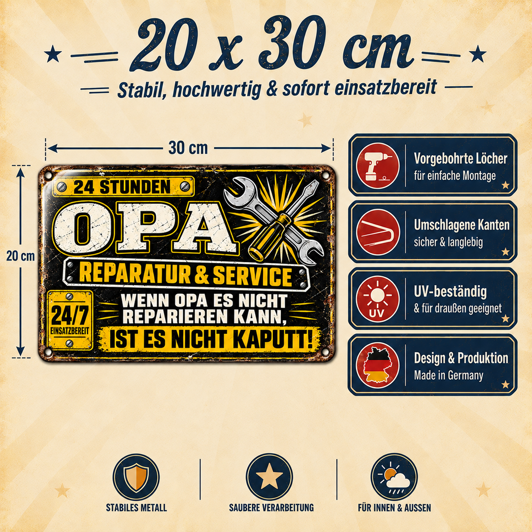 Opa Reparatur &amp; Service Metallschild von Leotie – Maße und Produkteigenschaften, 30 × 20 cm