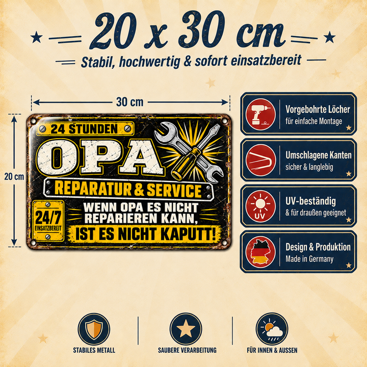 Opa Reparatur &amp; Service Metallschild von Leotie – Maße und Produkteigenschaften, 30 × 20 cm