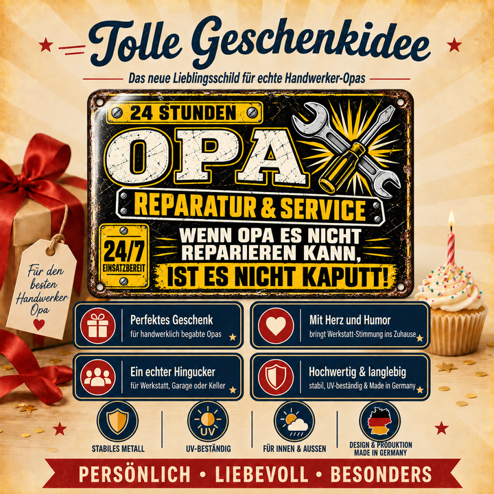 Opa Reparatur &amp; Service Metallschild von Leotie – Geschenkidee, 30 × 20 cm