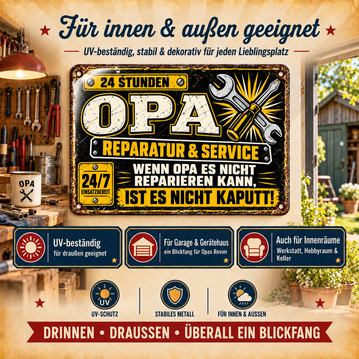 Opa Reparatur &amp; Service Metallschild von Leotie – Dekoration für innen und außen, 30 × 20 cm