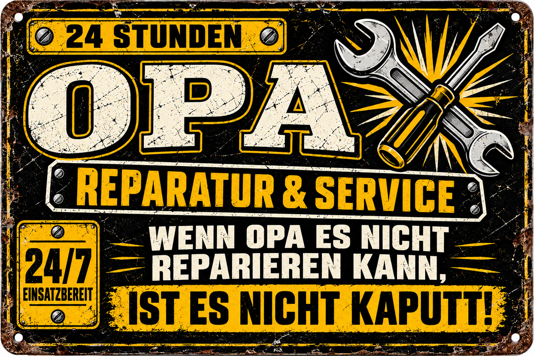 Opa Reparatur &amp; Service Metallschild von Leotie – Motivansicht, 30 × 20 cm