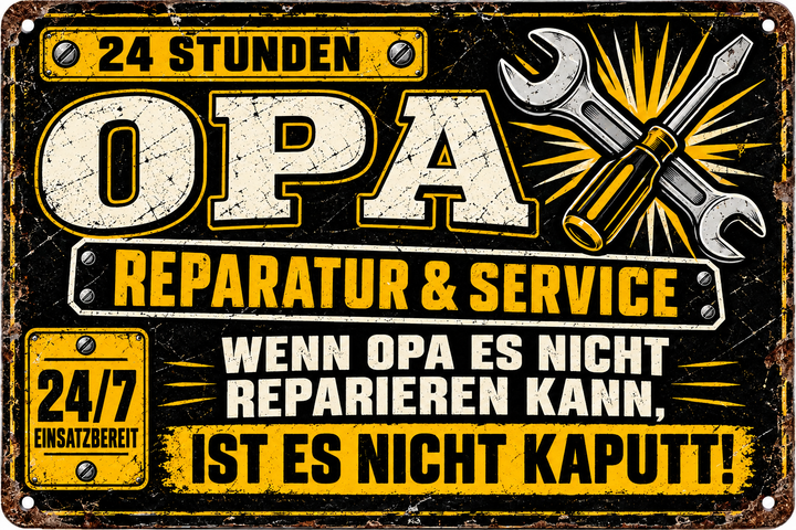 Opa Reparatur &amp; Service Metallschild von Leotie – Motivansicht, 30 × 20 cm