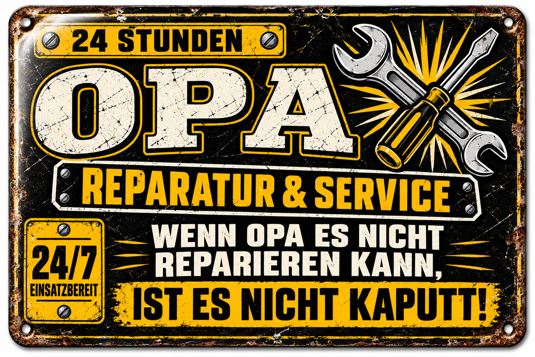 Opa Reparatur &amp; Service Metallschild von Leotie – Titelbild mit Schimmereffekt, 30 × 20 cm