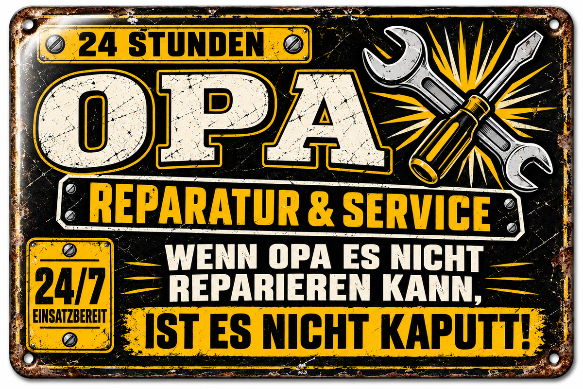 Opa Reparatur & Service Metallschild von Leotie – Titelbild mit Schimmereffekt, 30 × 20 cm