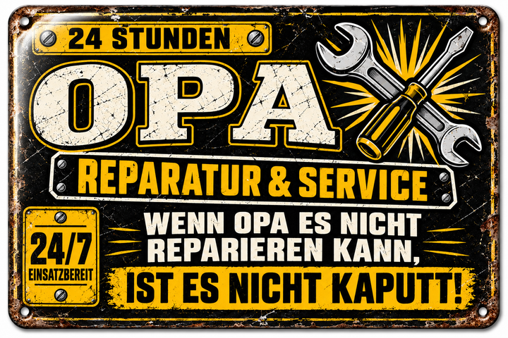Opa Reparatur &amp; Service Metallschild von Leotie – Titelbild mit Schimmereffekt, 30 × 20 cm