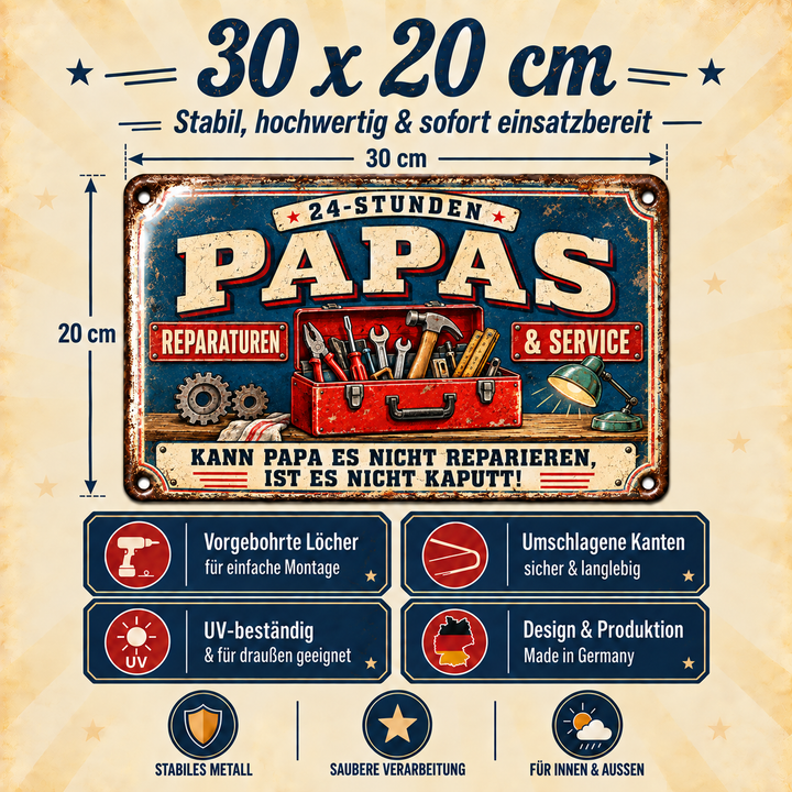 Papas Reparaturen &amp; Service Metallschild – Blau-Rot von Leotie – Maße und Produkteigenschaften, 30 × 20 cm