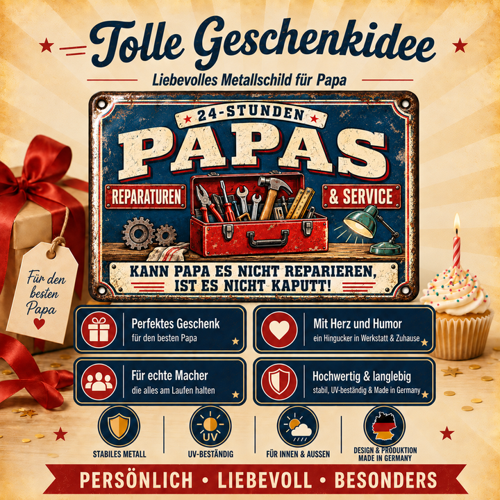 Papas Reparaturen &amp; Service Metallschild – Blau-Rot von Leotie – Geschenkidee, 30 × 20 cm