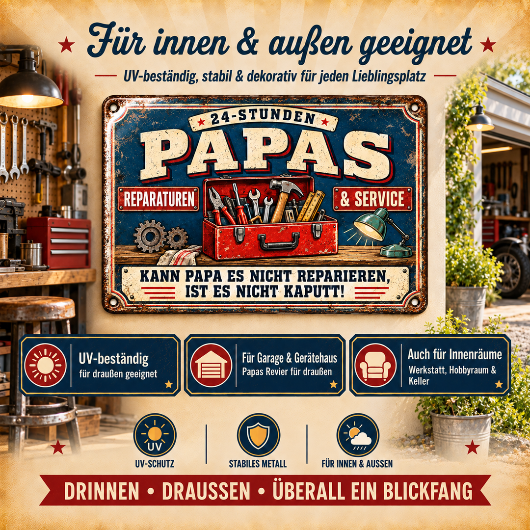 Papas Reparaturen &amp; Service Metallschild – Blau-Rot von Leotie – Dekoration für innen und außen, 30 × 20 cm