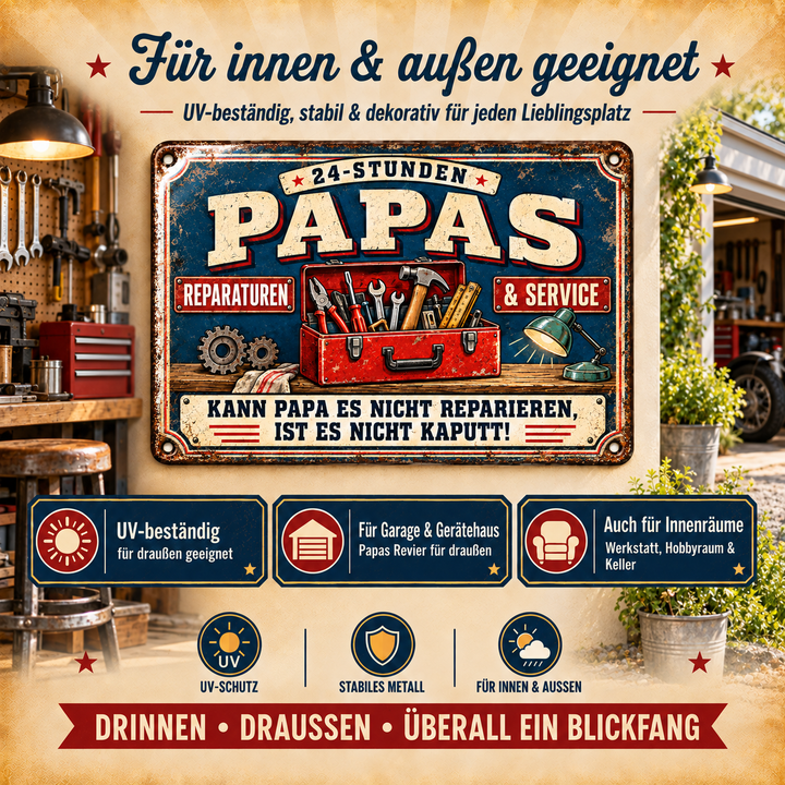 Papas Reparaturen &amp; Service Metallschild – Blau-Rot von Leotie – Dekoration für innen und außen, 30 × 20 cm