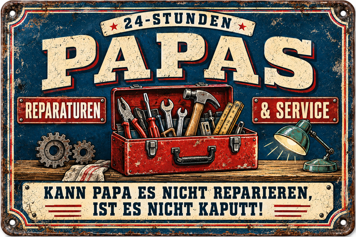Papas Reparaturen &amp; Service Metallschild – Blau-Rot von Leotie – Motivansicht, 30 × 20 cm