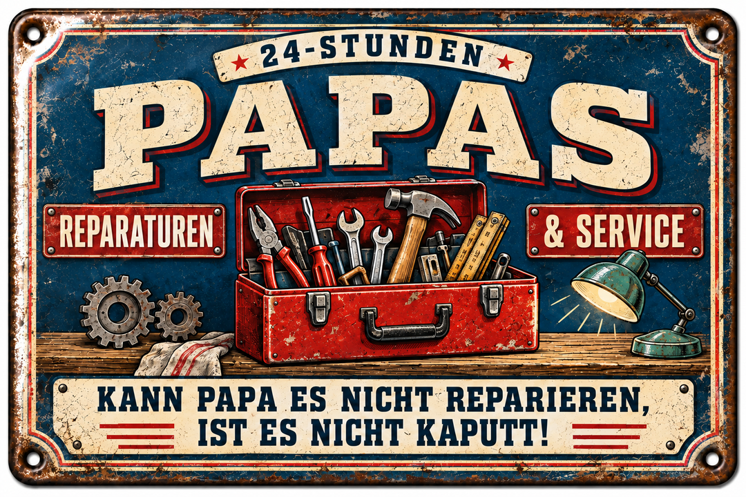 Papas Reparaturen &amp; Service Metallschild – Blau-Rot von Leotie – Titelbild mit Schimmereffekt, 30 × 20 cm