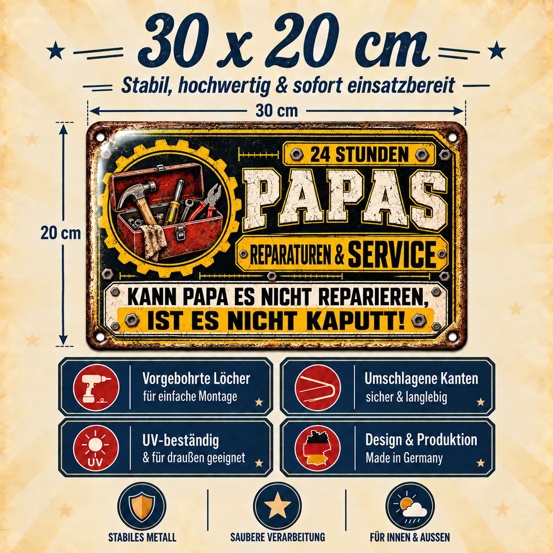 Papas Reparaturen &amp; Service Metallschild – Gelb-Schwarz von Leotie – Maße und Produkteigenschaften, 30 × 20 cm