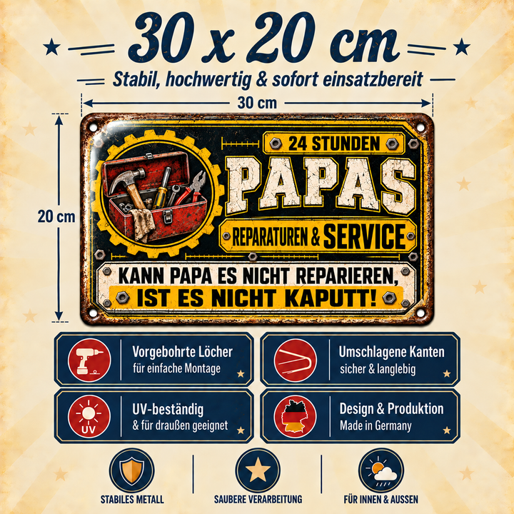 Papas Reparaturen &amp; Service Metallschild – Gelb-Schwarz von Leotie – Maße und Produkteigenschaften, 30 × 20 cm