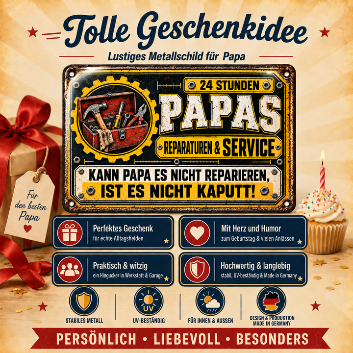 Papas Reparaturen &amp; Service Metallschild – Gelb-Schwarz von Leotie – Geschenkidee, 30 × 20 cm