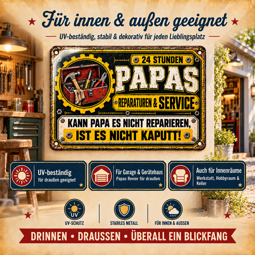 Papas Reparaturen &amp; Service Metallschild – Gelb-Schwarz von Leotie – Dekoration für innen und außen, 30 × 20 cm