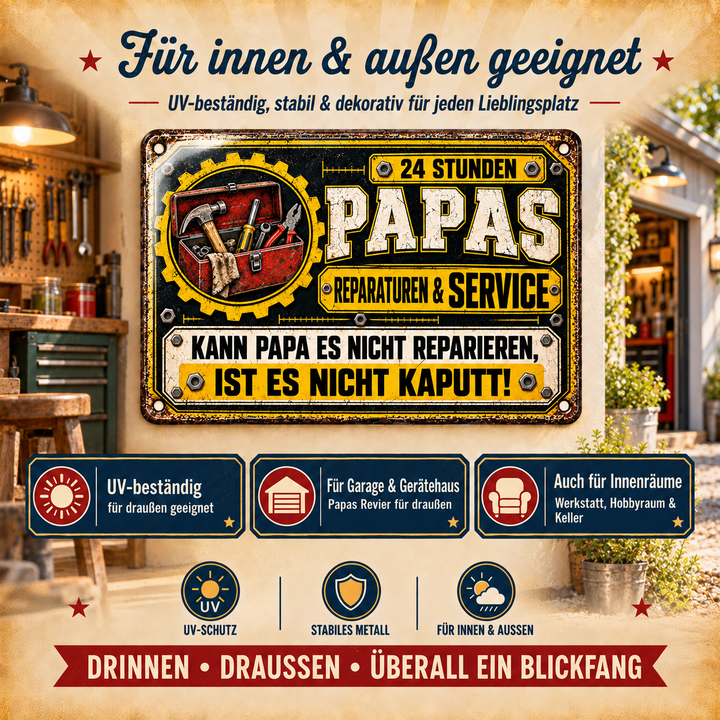 Papas Reparaturen &amp; Service Metallschild – Gelb-Schwarz von Leotie – Dekoration für innen und außen, 30 × 20 cm