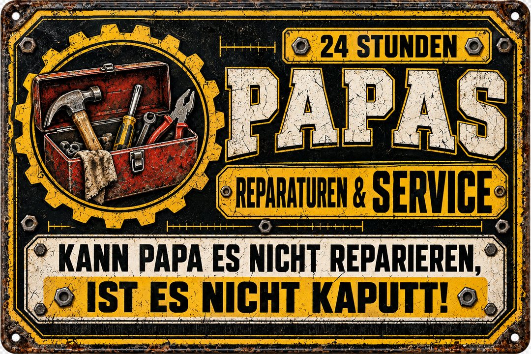 Papas Reparaturen &amp; Service Metallschild – Gelb-Schwarz von Leotie – Motivansicht, 30 × 20 cm