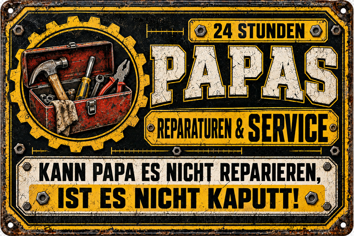 Papas Reparaturen &amp; Service Metallschild – Gelb-Schwarz von Leotie – Motivansicht, 30 × 20 cm