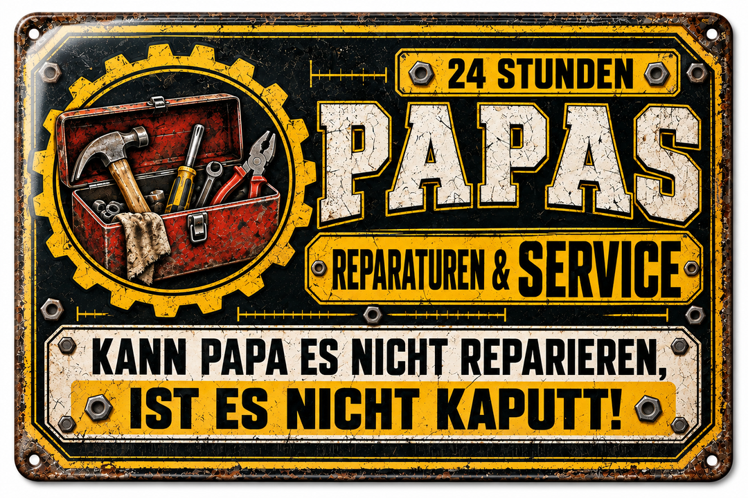 Papas Reparaturen &amp; Service Metallschild – Gelb-Schwarz von Leotie – Titelbild mit Schimmereffekt, 30 × 20 cm
