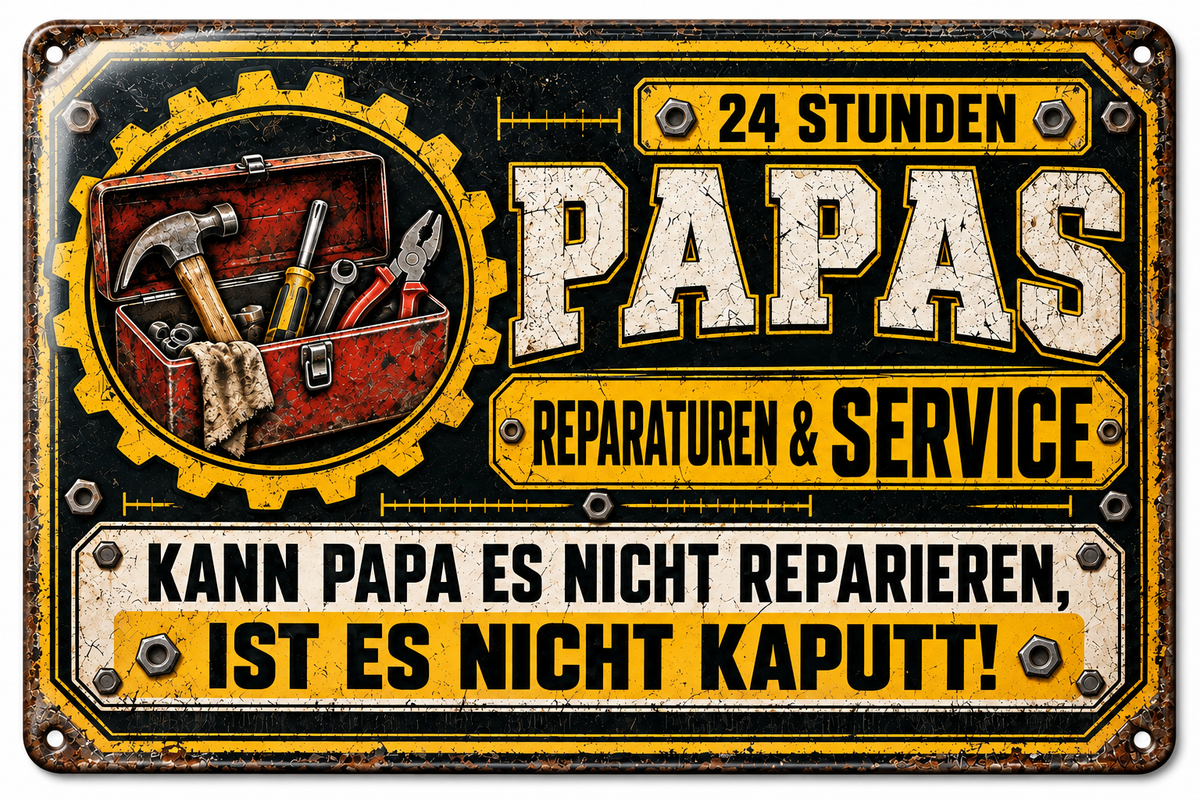 Papas Reparaturen & Service Metallschild – Gelb-Schwarz von Leotie – Titelbild mit Schimmereffekt, 30 × 20 cm