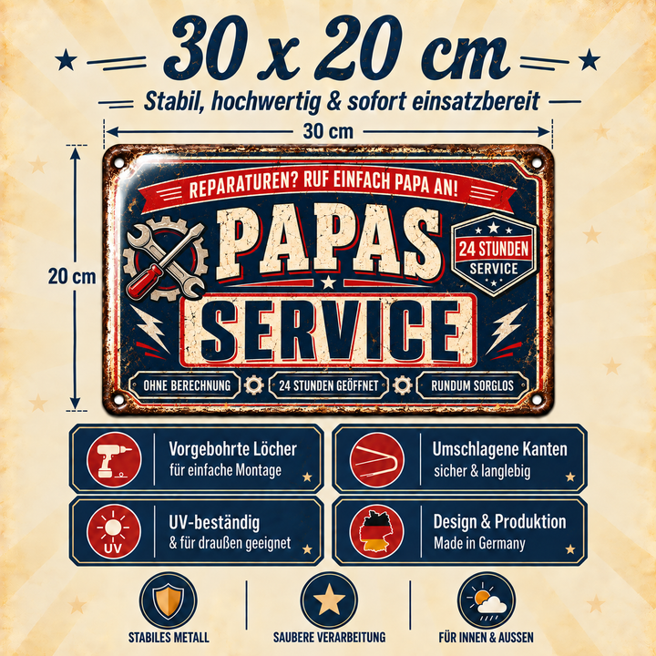 Papas Service Metallschild – Ruf einfach Papa an von Leotie – Maße und Produkteigenschaften, 30 × 20 cm