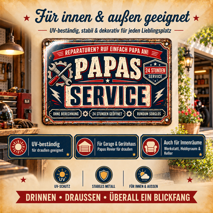 Papas Service Metallschild – Ruf einfach Papa an von Leotie – Dekoration für innen und außen, 30 × 20 cm