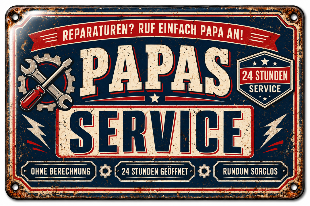 Papas Service Metallschild – Ruf einfach Papa an von Leotie – Titelbild mit Schimmereffekt, 30 × 20 cm
