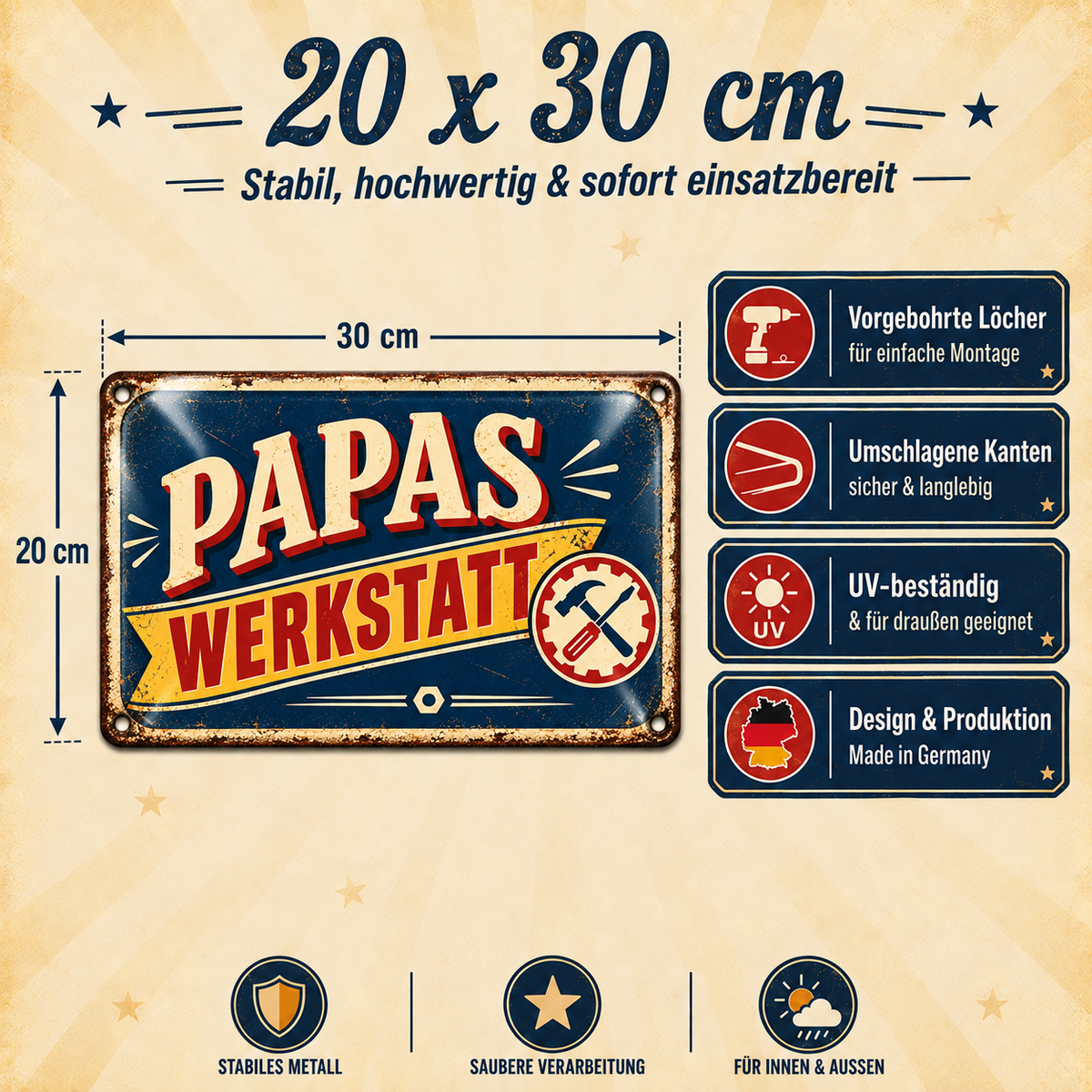 Papas Werkstatt Metallschild – Retro-Werkzeugmotiv von Leotie – Maße und Produkteigenschaften, 30 × 20 cm