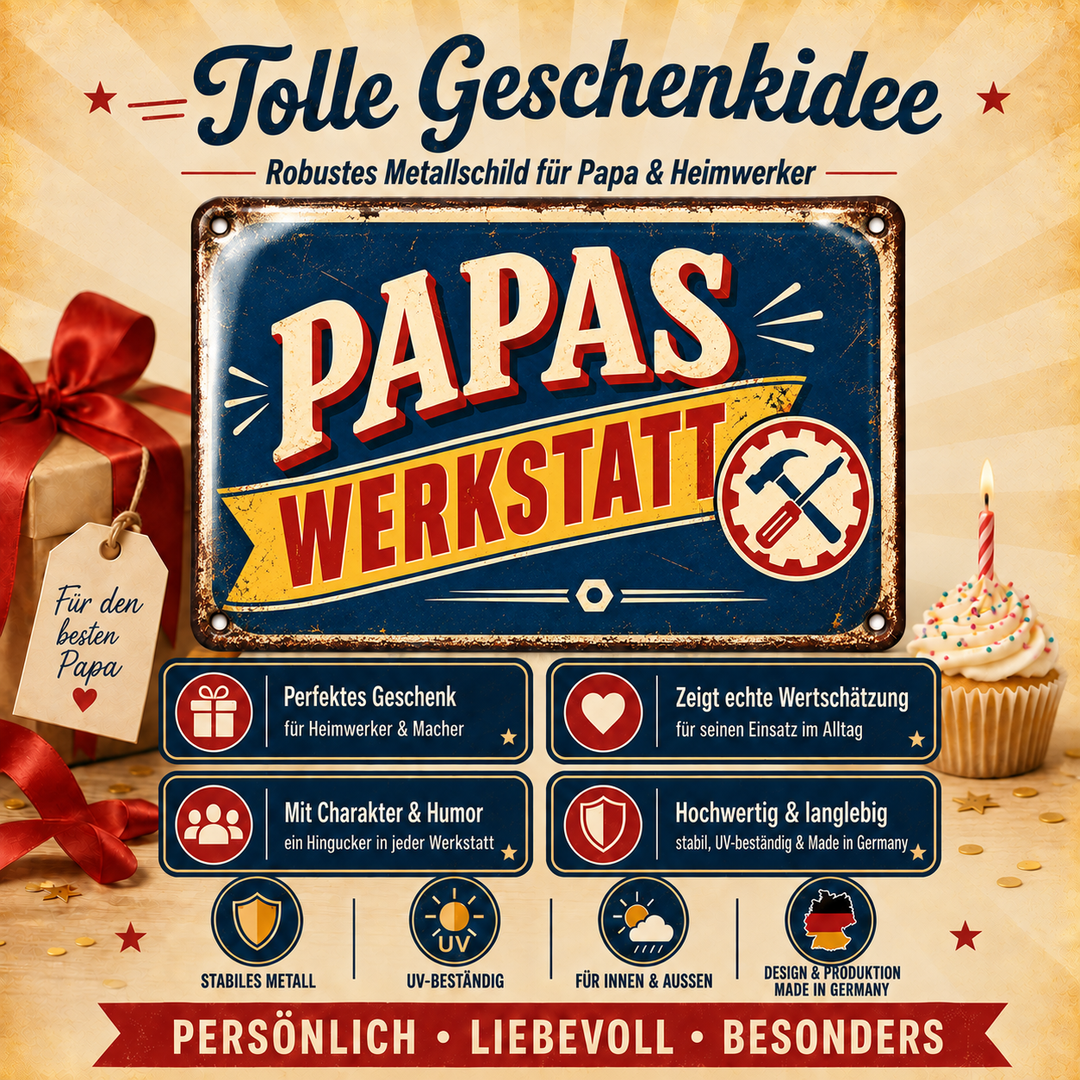 Papas Werkstatt Metallschild – Retro-Werkzeugmotiv von Leotie – Geschenkidee, 30 × 20 cm