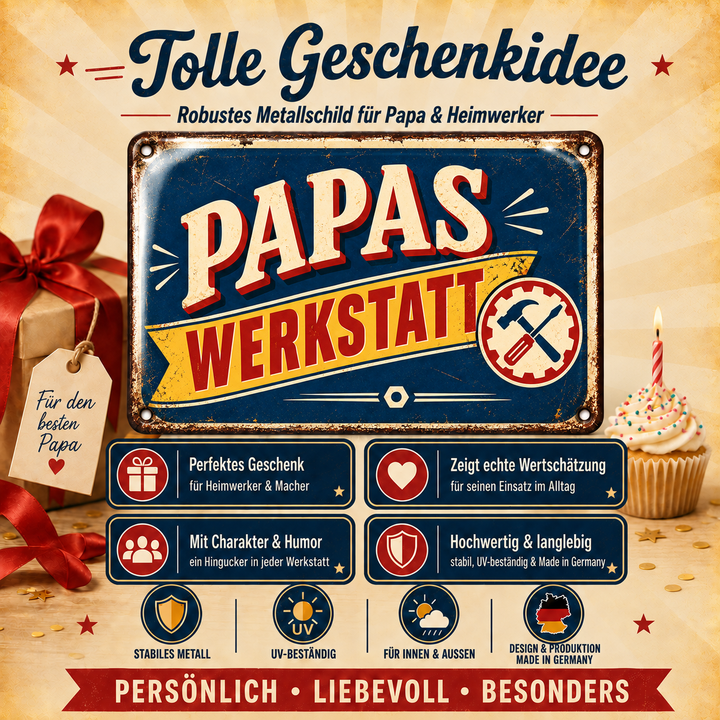 Papas Werkstatt Metallschild – Retro-Werkzeugmotiv von Leotie – Geschenkidee, 30 × 20 cm